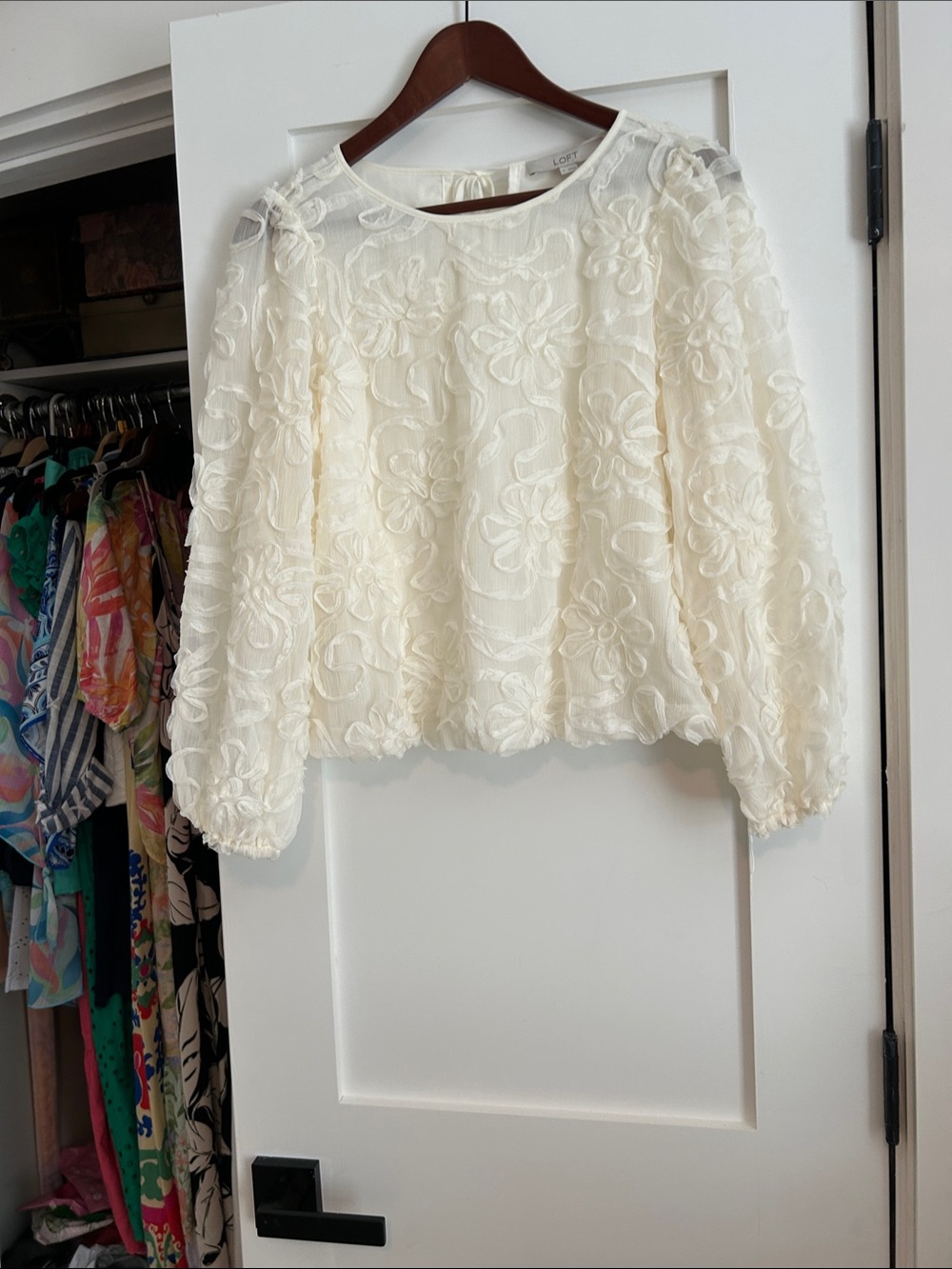 LOFT Ivory Floral Applique Sheer Long-Sleeve Blouse